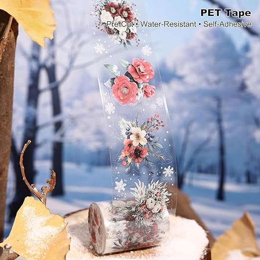 6-Roll Winter Floral PET Tape Set, Pre-Cut Transparent Waterproof Flower Sticker Rolls for Scrapbooking, Journals, Planners, DIY Crafts, Cards and Gift Wrapping