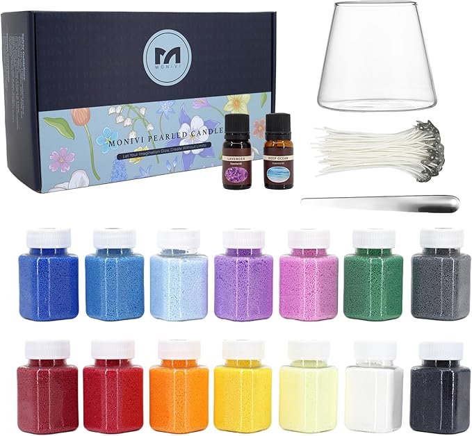 Monivi 14-Color Pearled Candle Sand Gift Set - 24.7oz Colorful Sand Candle Wax with Glass Jar, 2 x Scented Oils, Spoon and 50 Wicks, Candle Sand Wax for Gifting, Home Décor (14-Color Gift Set)