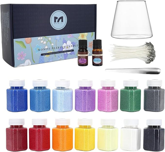 Monivi 14-Color Pearled Candle Sand Gift Set - 24.7oz Colorful Sand Candle Wax with Glass Jar, 2 x Scented Oils, Spoon and 50 Wicks, Candle Sand Wax for Gifting, Home Décor (14-Color Gift Set)