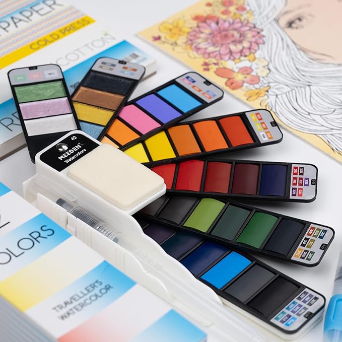 MEEDEN Travel Watercolor Paint Set: 42 Colors Water Color Paint Palette Including 7 Pearlescent and 5 Macarone Colors