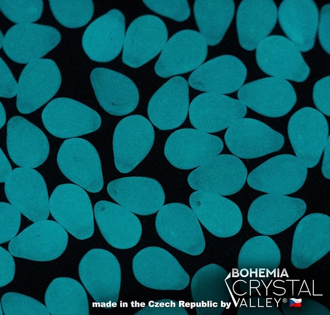 Czech 50-Piece Glass Beads, 6x9mm, Teardrop Dirty Turqiuiose - Glow in The Dark Bright Blue + UV Active