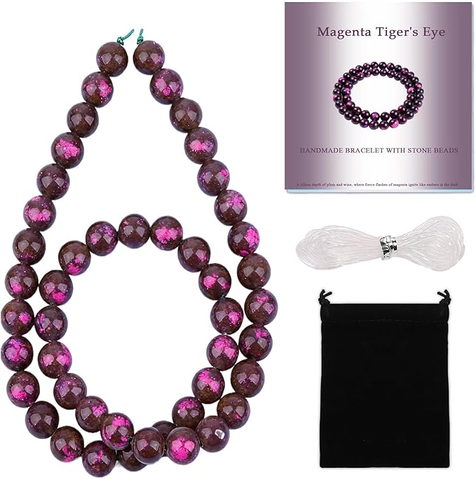 Stone Beads, 45pcs Magenta Tiger’s Eye, 8mm Round Loose Beads for Jewelry Making, Bracelets, with Bag, String & Card