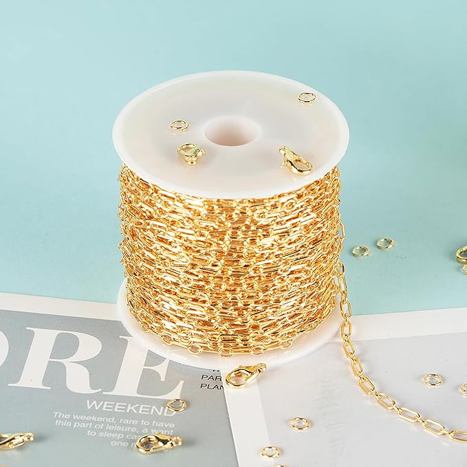 Jabogrii 32.8 Feet Gold Plated Brass Paperclip Jewelry Chains Roll Oval Link Necklace Bracelet DIY Craft Chain Bulk for Jewelry Making