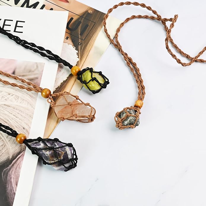 6 Pieces D20 Adjustable Necklace Cord Empty Stone Holder, Hand-Braided Crystal Holder for DIY Jewelry Making, Fits Natural Stones Quartz Beads Pendants, Wax Rope with Adjustable Knot