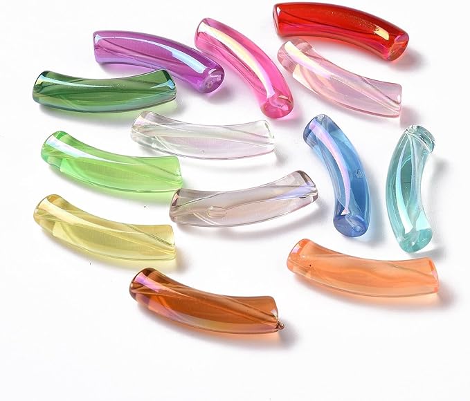 Ipotkitt 20 Pcs UV Plating Transparent Rainbow Curved Tube Beads Iridescent Acrylic Beads Candy Colors Chunky Bamboo Tube Beads for DIY Jewelry Making