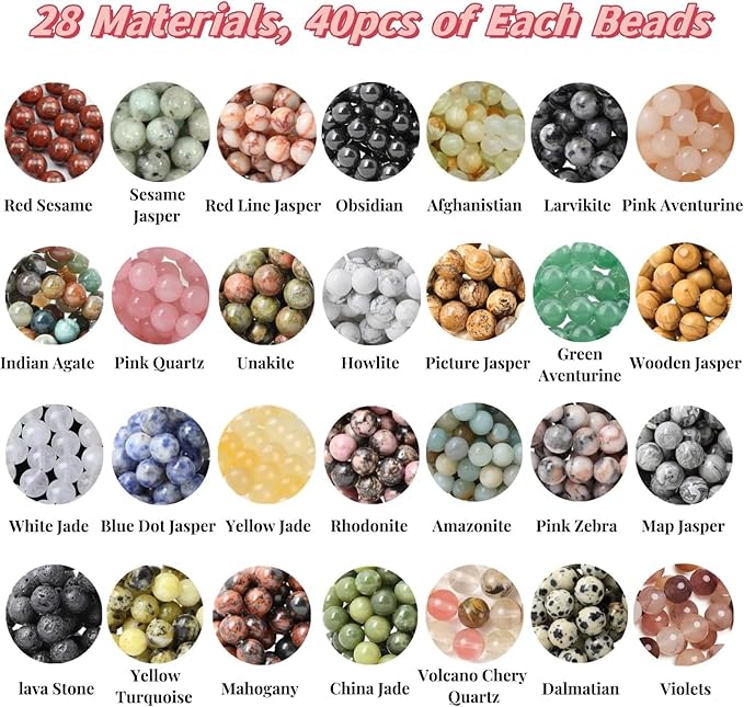 1120pcs Natural Stone Beads Polished Beading 6mm Loose Beads Gemstone Crystal Energy Stone Healing Power for DIY Jewelry Making (6mm 28 Materials A)