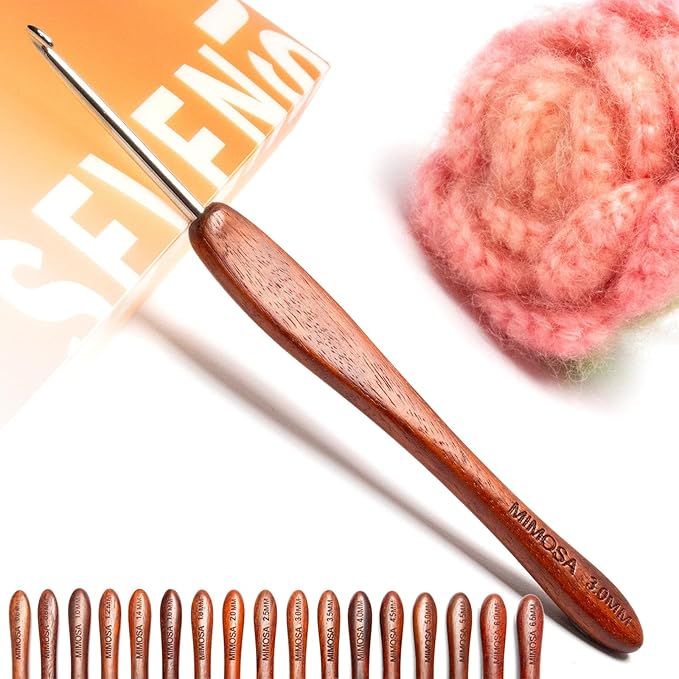 SEVENSUN Mimosa 3mm Single Crochet Hook, Available in 0.6mm-6.5mm, Ergonomic Hand Polished Stainless Steel Inline Pointy Wood Handle Crochet Hook for Arthritic Hands, Mother's Day Gifts for Mom