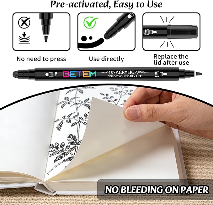 Betem 6 Black Dual Tip Acrylic Paint Pens Markers, Fabric Decorating Kits Premium Water-Based Acrylic Paint Markers for Fabric, Rock, Wood, Glass, Eggs, Canvas, Ceramic, Easter Basket Stuffers