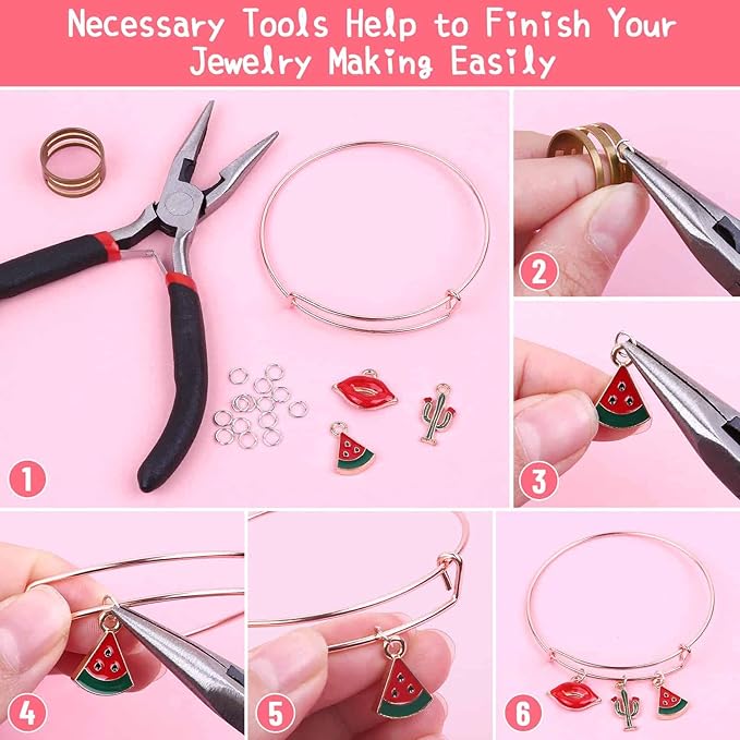 Thrilez 300Pcs Charm Bangle Bracelets Making Kit with Expandable Bangles, Charms, Jump Rings and Pliers for Jewelry Making Bangle Bracelets (with Gift Box and Tools)