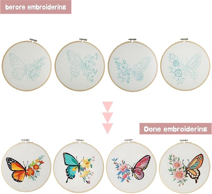 bonroy 4 sets embroidery set for beginners, art craft, easy sewing, includes embroidery clothing, pattern, embroidery hoop, instruction manual, colorful thread needles set (butterfly)