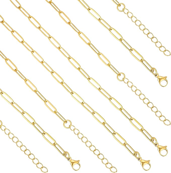 KEIAOUE 16 Pack Charm Bracelet Chain Bulk Gold Plated Stainless Steel Paperclip Chains Bracelets for DIY Jewelry Making