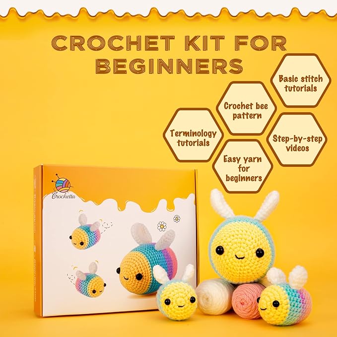 Crochetta Crochet Kit for Beginners, Beginner Crochet Starter Kit w Step-by-Step Video Tutorials, Learn to Crochet Kits for Adults Women Men, DIY Knitting Supplies, Bee Family (Yellow)