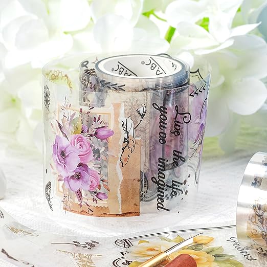 Nostalgic Flowers PET Vintage Floral Washi Tape Set, 6 Rolls Wide Decorative Craft Tape for Journaling Supplies, Scrapbooking, Bullet Journal, Junk Journal, DIY Crafts and Gift Wrapping