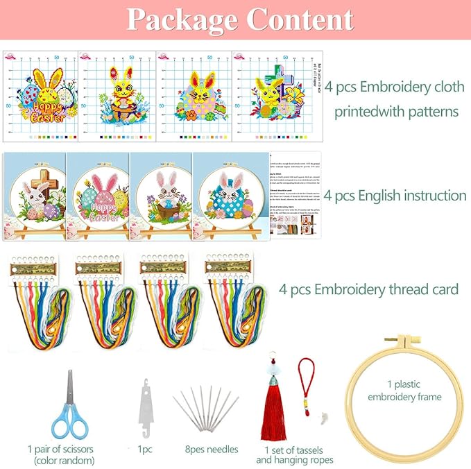 Zhenging Easter Cross Stitch Kit with 4 Bunny & EggPatterns -9.45x9.45 Inch Hoop, Pre-Printed Fabric,Threads, Tools -DlY Easter Craft Gift for Adults, HomeDecor