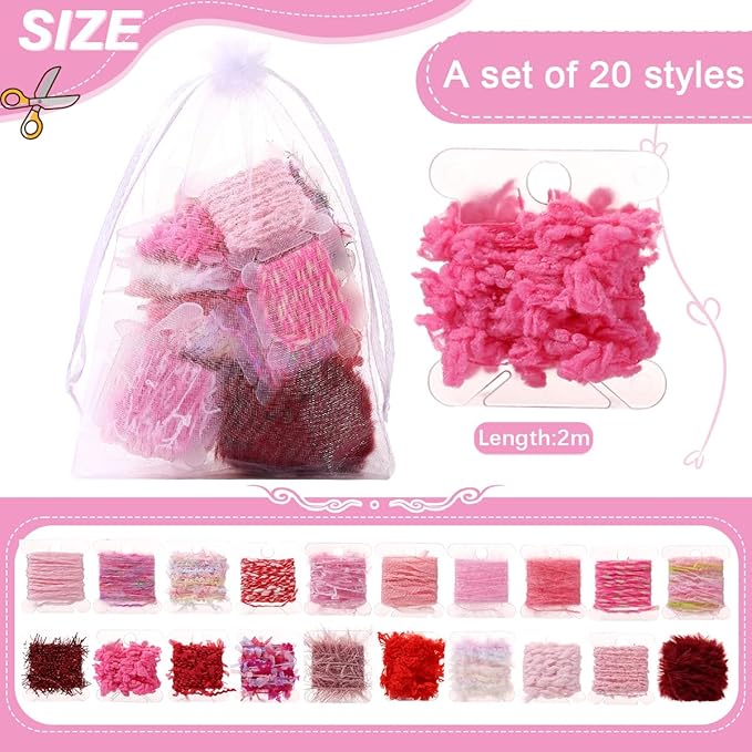 20 Pcs of 2-Yard Original Art Yarns - for DIY Art Yarns for Jewelry Making, Junk Magazines, Knitting, Crafts, Textile Decorative, Tassels, Vintage Yarn Card Making (Pink)