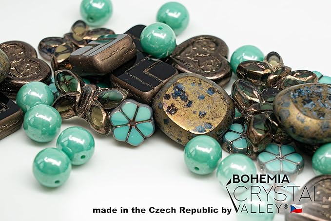 45+ pcs (2.1oz=60g) of Focal Glass Bead Mix with Table-Cut Flower and Butterfly Beads, PG Turqouise Brown Brass