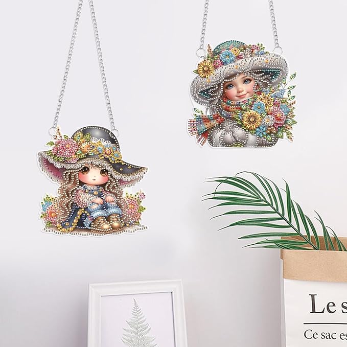 2 Pack Feminine Diamond Painting Hanging Charms – DIY Floral Art Pendants with Rhinestones – Elegant Decorative Accessories for Car Mirror, Wall, or Gift Ideas