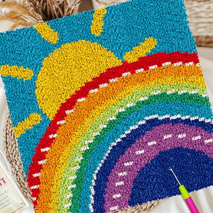 ORIGACH Rainbow & Sun Latch Hook Rug Kit for Adults Printed Rug Making Kit Handmade Carpet Tapestry Cover with Hook Latch and Preprinted Canvas, Home Arts Crafts Sofa Decor, 17.72x17.72inch