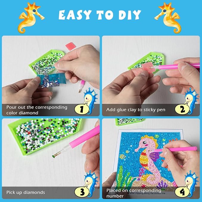 QEUOYSS Diamond Art Kit for Kids with Wooden Frame Art and Crafts for Kids Ages 6-8 -10-12 Easy to DIY Diamond Art for Kid and Adult Beginners Home Wall Decoration (Hippocampus)
