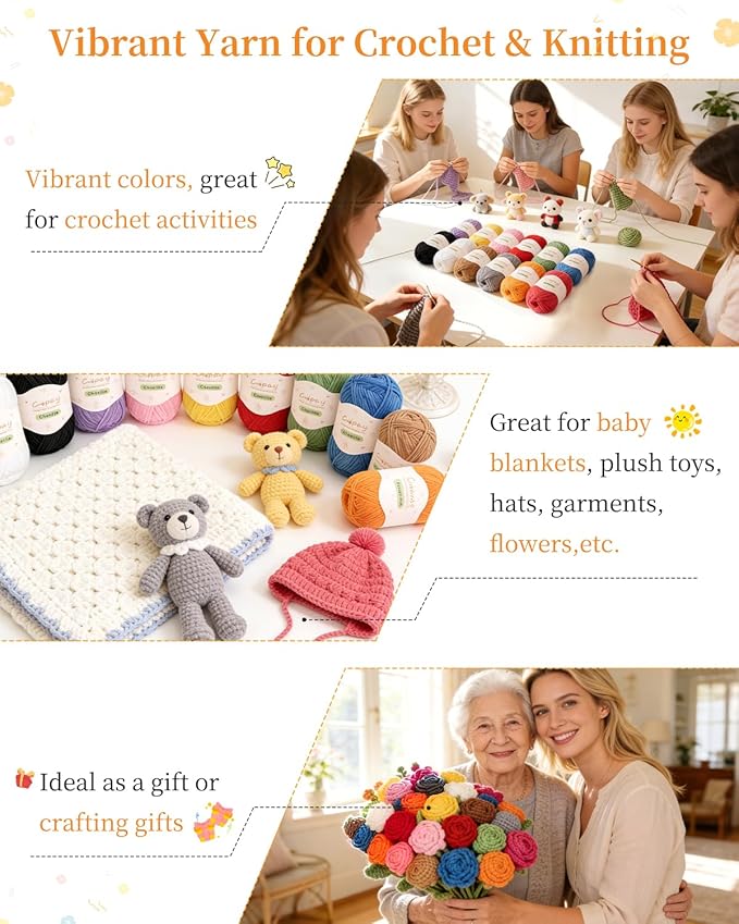 Coopay Skinny Chenille Yarn for Crocheting and Knitting, 12 Pack of 50g/1.76oz - 1764yd Total, Soft Crochet Yarn of Light Weight - Sutible for Colorful Crafts, Blankets, Plush Dolls and Baby Garments