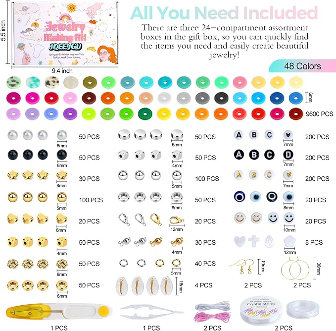 JQEEYGV Bracelet Making Kit 3 Boxes - 11,000pcs Clay Beads - 48 Fashion Colors Beads for Friendship Bracelet Kit - Polymer Heishi Letter Beads for Jewelry Making - Adults Teen Girls Trendy Gift