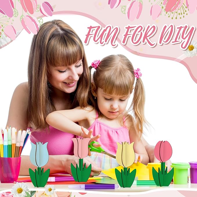 MotiMind 60 Pcs Spring Crafts Set 48 Pcs 3D Wooden Flower Cutouts Unfinished Tulip Slices Wood Daisy to Paint with 12 Colored Pens for Mother's Day Summer Floral Handmade Craft DIY Project