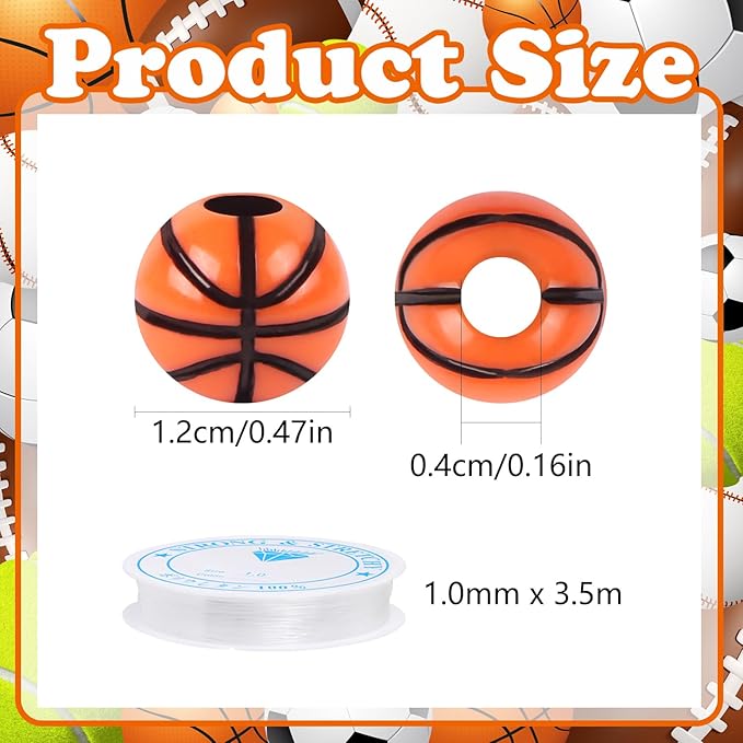 100pcs Basketball Beads with 5.5 Yard Elastic Rope,Acrylic Sports Beads DIY Spacer Bead for Necklace Bracelet Keychains Handmade Jewelry Making Accessories Craft Supplies,12mm(Basketball)
