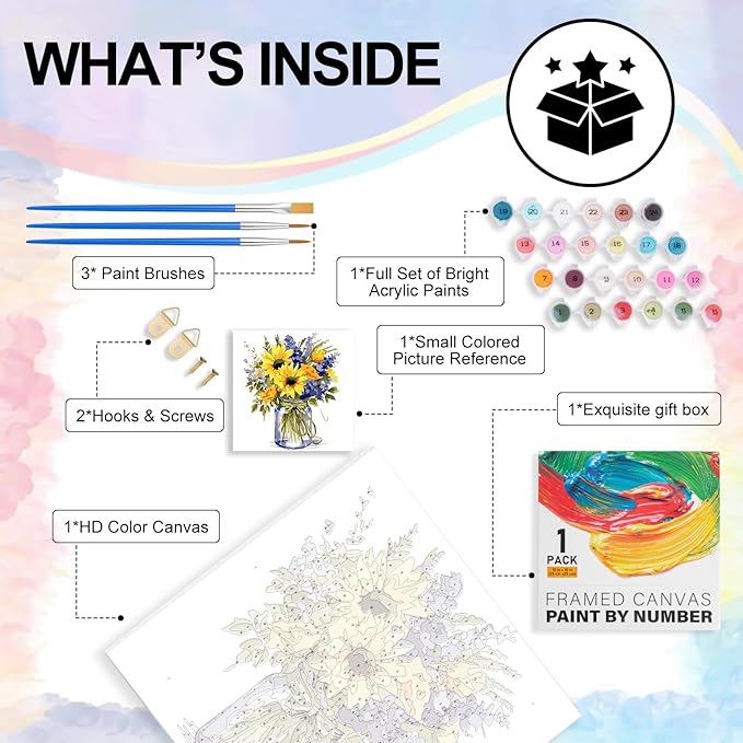 Yezavesu Flower Framed Paint by Numbers Kit for Adults Beginner & Kids Ages 8-12, Flowers Paint by Number Without Easel, DIY Adult Paint by Numbers Sunflower for Home Wall Decor Gift 10x 10 inch