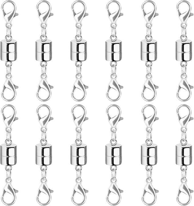 sutqigui magnetic necklace jewelry clasps and closures with double lobster clasp, silver magnetic jewelry clasps for necklaces, bracelet necklace extenders for women (12pcs)