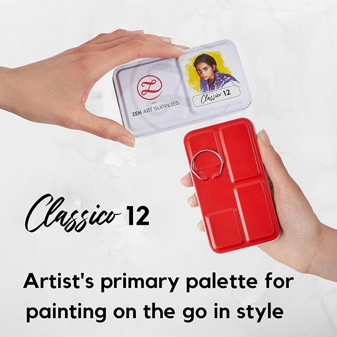 ZenART Professional Watercolour Paint - Non-Toxic 12 Half-Pan Set in Metal Tin Palette - Portable Travel Watercolour Set for Adults - Vibrant Essential Primary Water Colors