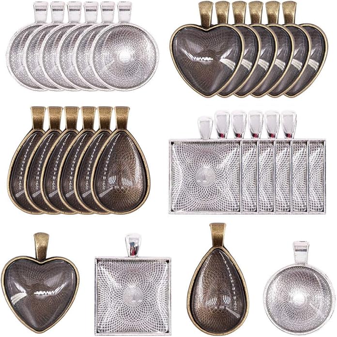 BetterJonny 48pcs Bezel Pendant Trays, 4 Shapes Pendants Trays Set Including 24pcs Charms Bezel Blanks and 24pcs Glass Cabochons for DIY Jewelry Making(2 Colors)