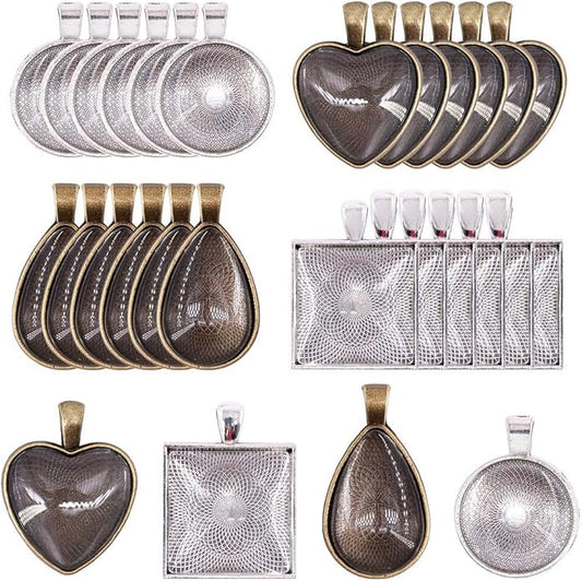 BetterJonny 48pcs Bezel Pendant Trays, 4 Shapes Pendants Trays Set Including 24pcs Charms Bezel Blanks and 24pcs Glass Cabochons for DIY Jewelry Making(2 Colors)