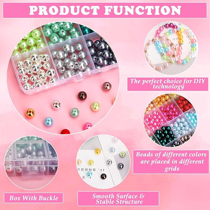 BONNY BOXX 1440 PCs Pearl Beads Set for Jewelry Making, 6MM Round ABS Faux Pearls with Holes for Bracelets, Necklaces, Earrings, Vase Filler
