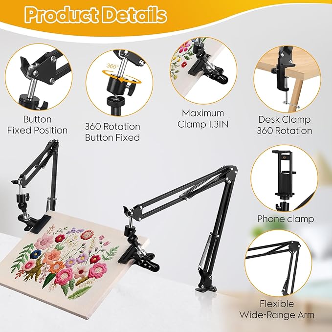 2 sets adjustable embroidery hoop stand,cross stitch hoop holder with 360° rotation,3-in-1 hoop/tablet/phone stand hand free,needlepoint hoop stand,cross stitch stand suitable for embroidery hoops
