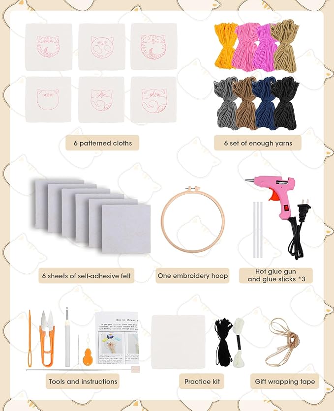 AceList 6 Pcs Punch Needle Kit with Cat Pattern, Easy Punch Needle kit for Beginners and Adults, DIY Punch Needle Coaster Kit with Tools Tufting Cloth Hoop Yarns Hot Melt Glue Gun - Art Craft Gift