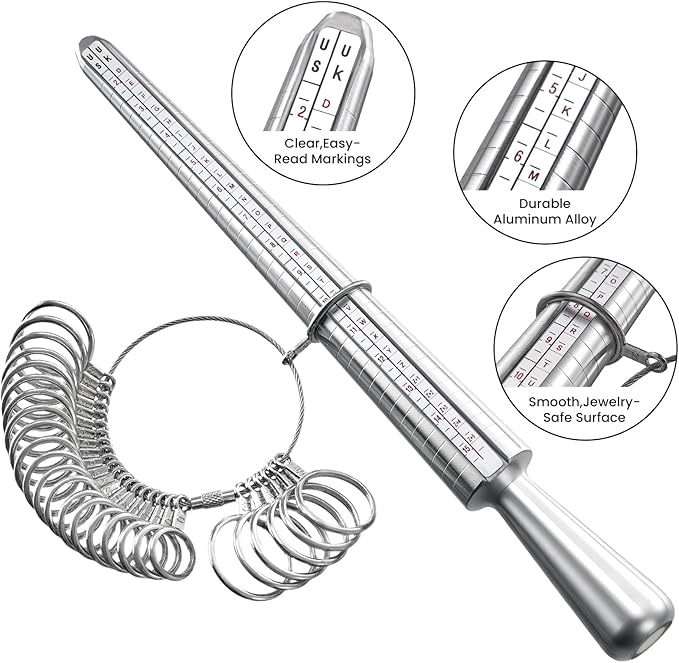 meowoo ring sizer measuring tool set, ring gauges with finger sizer mandrel ring sizer tools for jewelry sizing measuring, 4 pcs, silvery