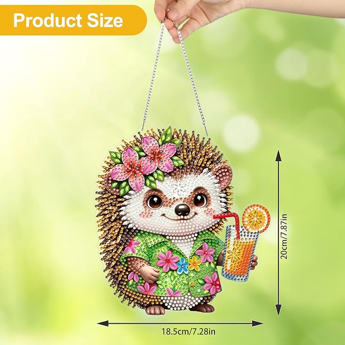 CEOVR Hedgehog Hanging Diamond Art, Cartoon Hedgehog Diamond Painting Pendant for Adults DIY Gem Art Wall Ornament, Acrylic Home Garden Decor with Chain, Box Kit 7.28×7.87inch