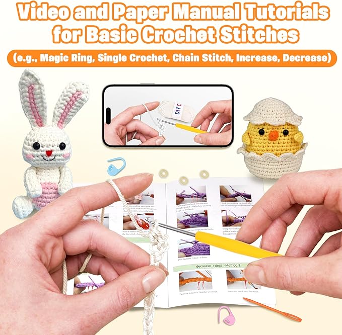 wokdsbl Crochet Kit for Beginners with Upgraded Premium Custom Yarn and Step-by-Step Video Tutorials, Ideal DIY Craft Gift, Crochet Animal Kits for Easter Egg Fillers (Bunny & Chick)