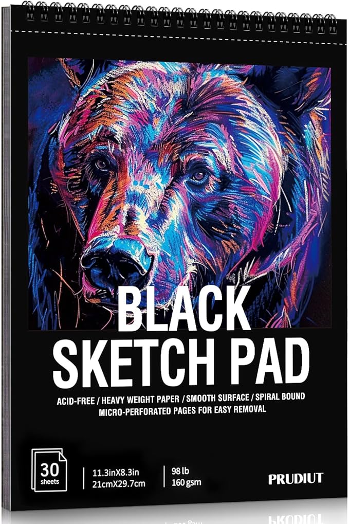 30 Sheets Black Paper Sketchbook, 98lb/160gsm Heavyweight Black Sketch Pad 8.3×11.7in, Acid-Free Drawing Paper, Spiral Bound Sketch Book for Kids, Teens, Artist