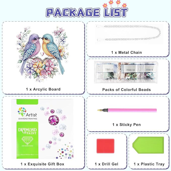 KEYIFA Birds Diamond Painting Kit, DIY Flower Diamond Art for Adults, Diamonds Pendant Special Shaped Rhinestone Window Hanging Ornaments Home Garden Wall Door Decoration, 20cm Width