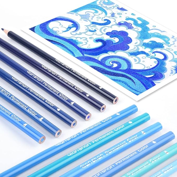 qianshan 12 Blue Colored Pencils Oil Based Pre-sharpened Wooden Colored Pencil Set for Adults Coloring Books Drawing Sketching Art Supplies, No Duplicates