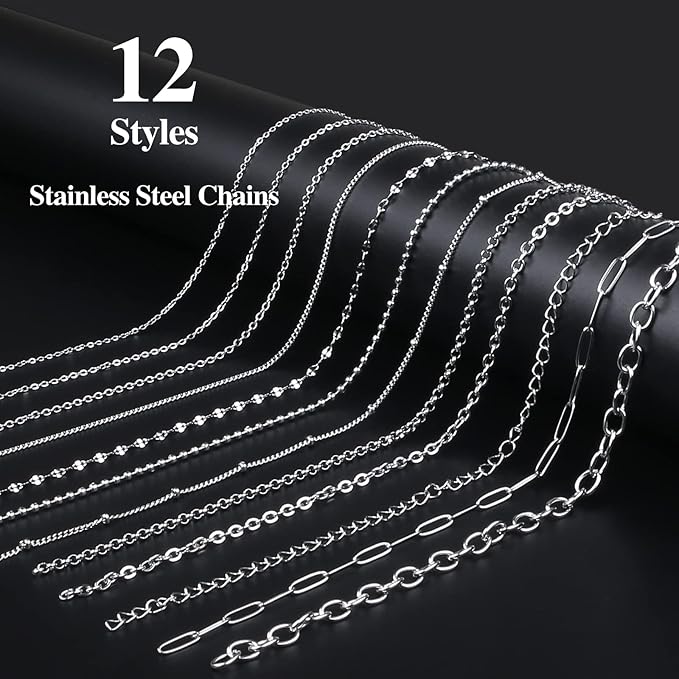 ecoofor necklace chain for jewelry making, 95.1 feet 12 rolls stainless steel jewelry chains for diy necklace bracelet making with stainless steel jump rings/lobster clasps/connectors