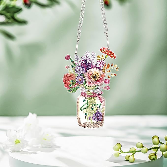 Floral Jar Diamond Painting Hanging Ornament, DIY 5D Special Shaped Rhinestone Acrylic Pendant, Vase with Flowers Diamond Art Kit for Wall, Door, Window or Garden Decoration, Handmade Craft Gift