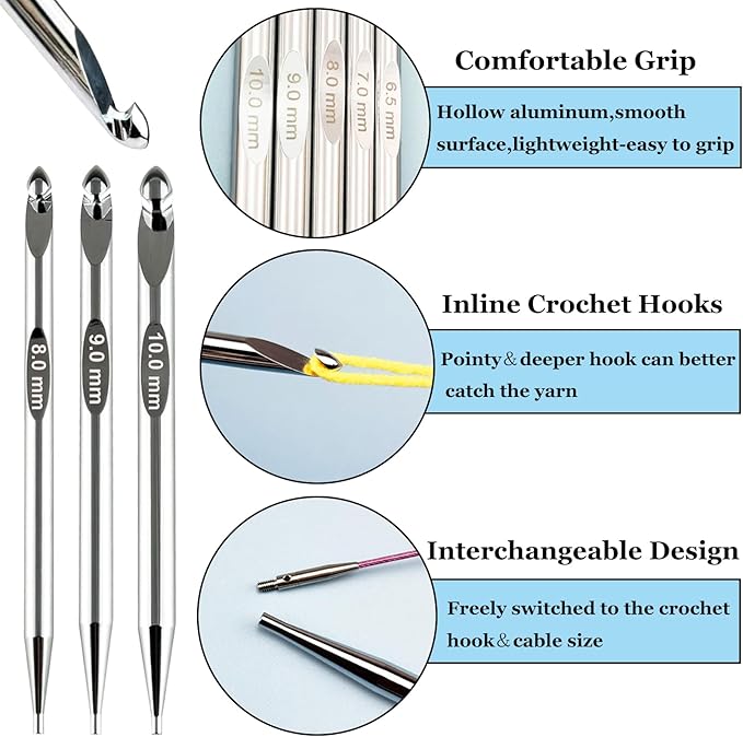 Hobekoee Tunisian Crochet Hooks Set with Cable,12 Size Aluminium Interchangeable Crochet Hook Set Inline Crochet Hooks Afghan Crochet Needles 3mm-10mm