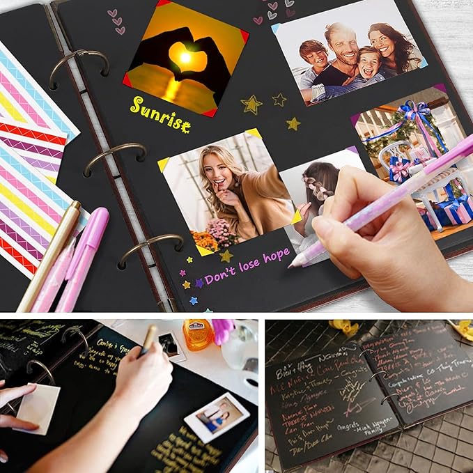 Photo Album DIY Scrapbook (10x10 inch 50 Pages Double Sided), Vintage Leather Cover Three-Ring Binder Family Picture Booth with 9 Color 408pcs Self Adhesive Photos Corners for Memory Keep, Tree