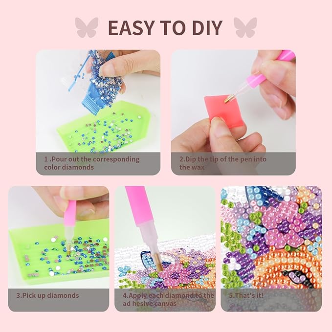 FlyingMage 5D Diamond Art Painting Kits with Wooden Frame, Cute DIY Diamond Art Mosaic Kits for Adults Women Teen, Kawaii Diamond Crafts Arts Full Drill Diamond Dots (White Fox)
