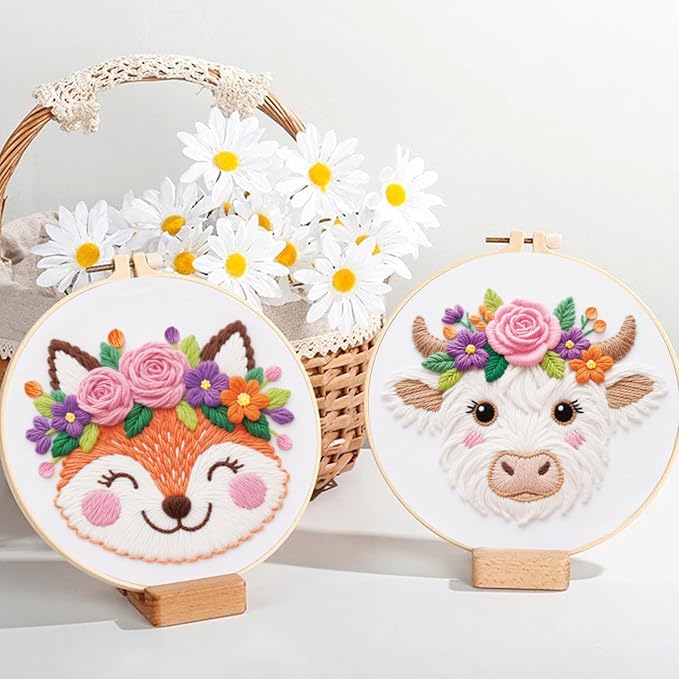 ORIGACH 6 Pack Animals & Floral Crown Embroidery Kits for Beginners, DIY Starter Hand Embroidery Kit with Floral and Dog Rabbit Fox Patterns and Instructions for Adults Women Crafting