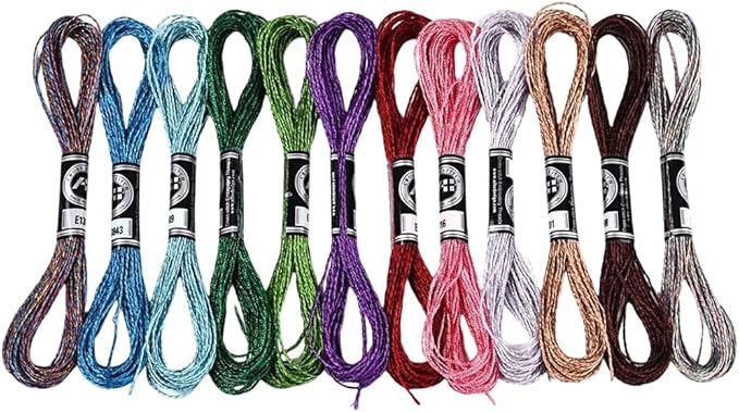 12 Skeins 6 Strands Metallic Embroidery Floss Glitter Cross Stitch Thread Colorful Sparkly Polyester Friendship Bracelet String Yarn Threads Bulk for Hand Sewing Crafts Bracelets Making DIY