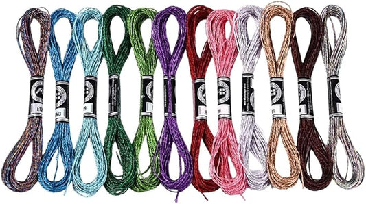 12 Skeins 6 Strands Metallic Embroidery Floss Glitter Cross Stitch Thread Colorful Sparkly Polyester Friendship Bracelet String Yarn Threads Bulk for Hand Sewing Crafts Bracelets Making DIY