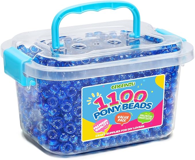gaganiu pony beads 1100+ pcs – glitter blue plastic kandi beads in jar for bracelets, hair braids, jewelry making & diy crafts